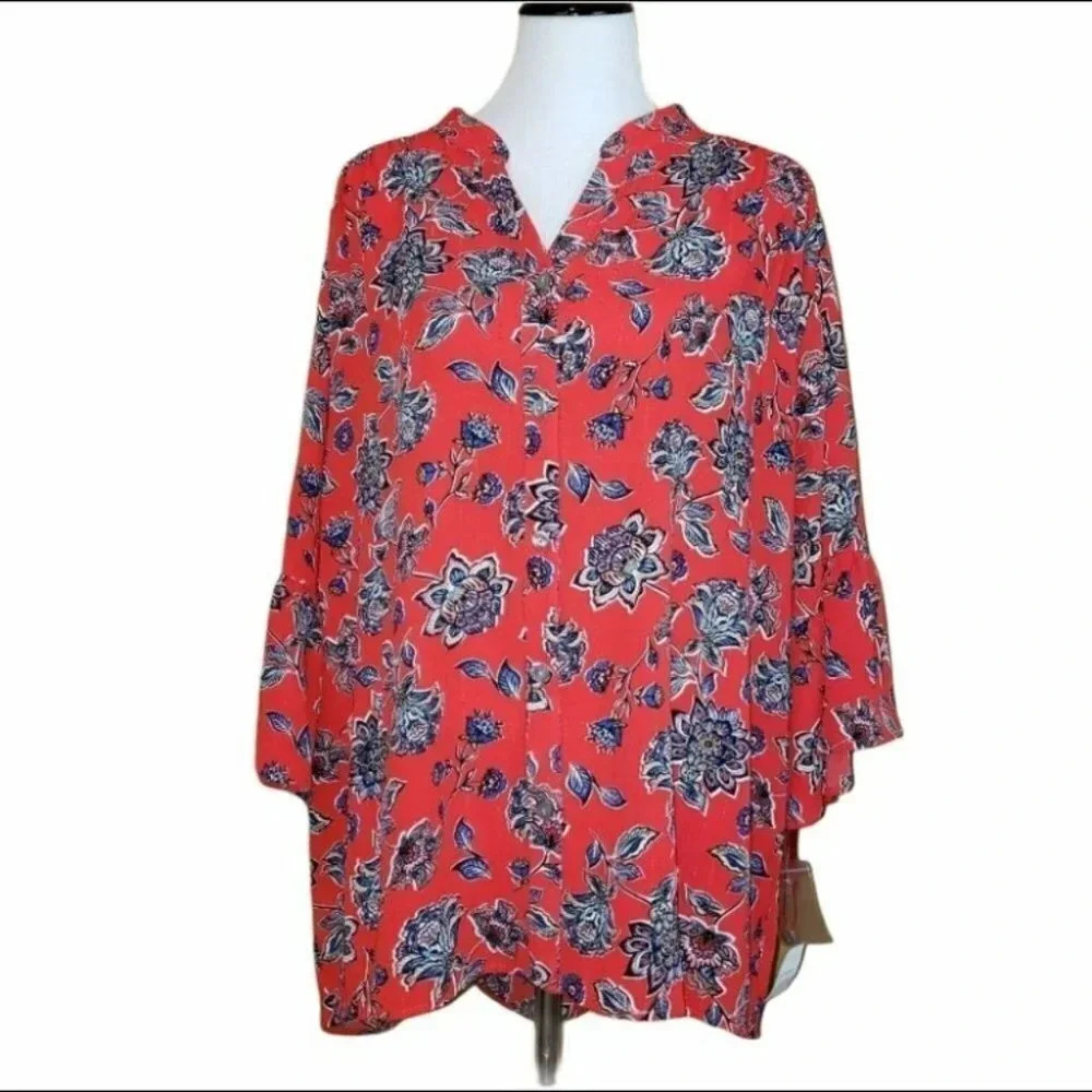 Ruby Rd Woman Blouse 1X Red Floral Bell Sleeve Metallic Lurex Button Up Tunic